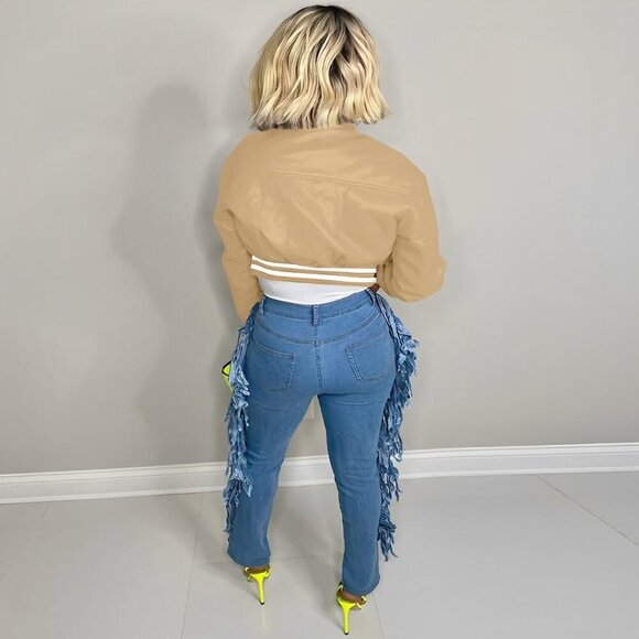 Women Khaki Varsity Long Sleeve Button Down Bomber Casual Baseball Jacket - Picture 4 of 5